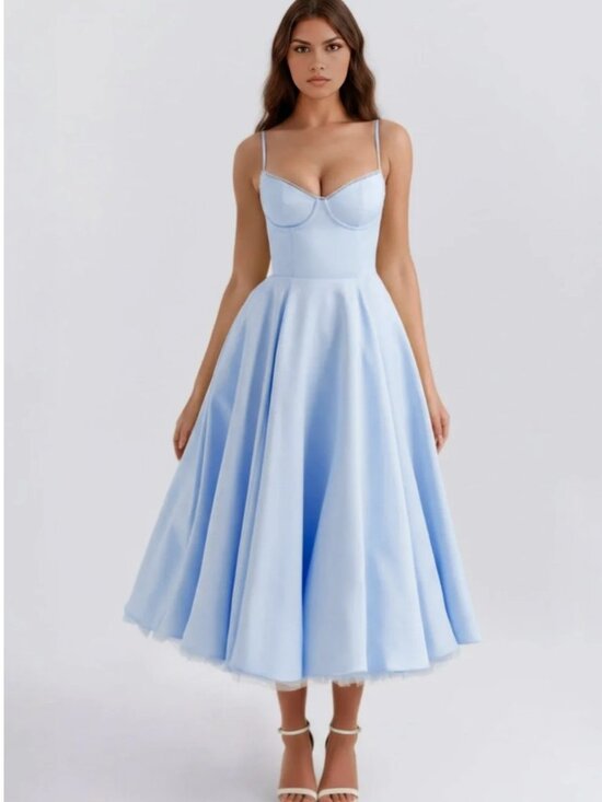 Almond Muse Dresses & Skirts - Almond Muse Selene Light Blue Fit-and-Flare Midi Dress with Spaghetti Straps